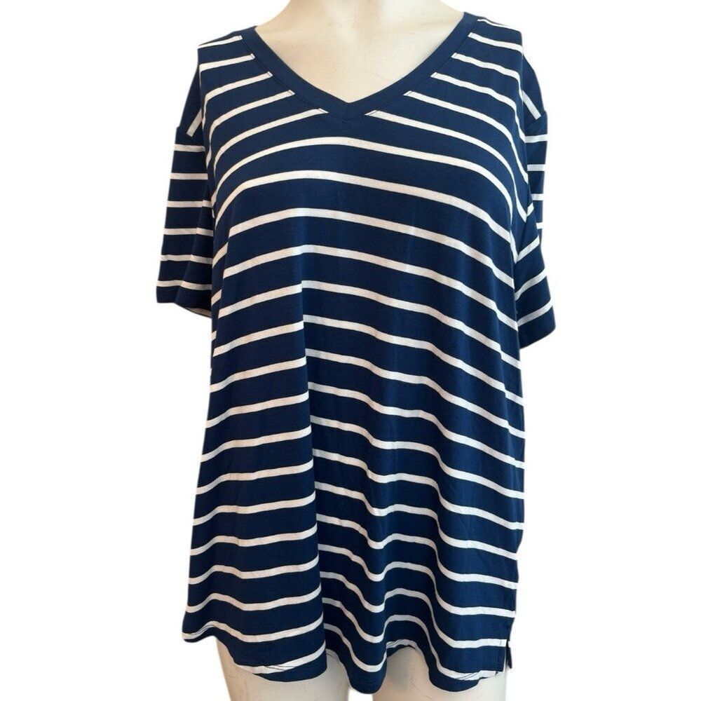 Gap Women's XL Navy Blue White Soft Jersey Relaxed Short Sleeve V-Neck Top NWT